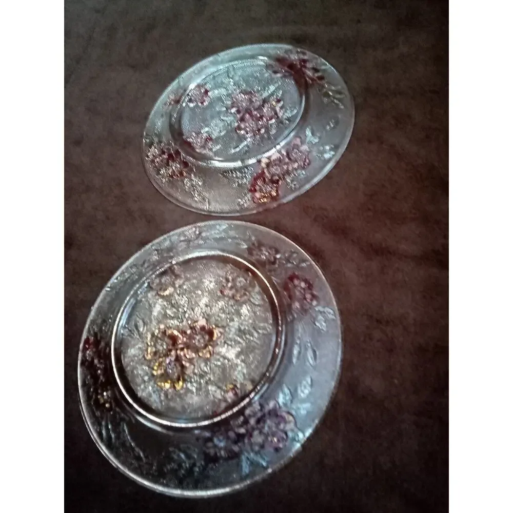 Vtg Rerverse Pressed Glass Plates~CLEAR with colored Flowers 8 1/4